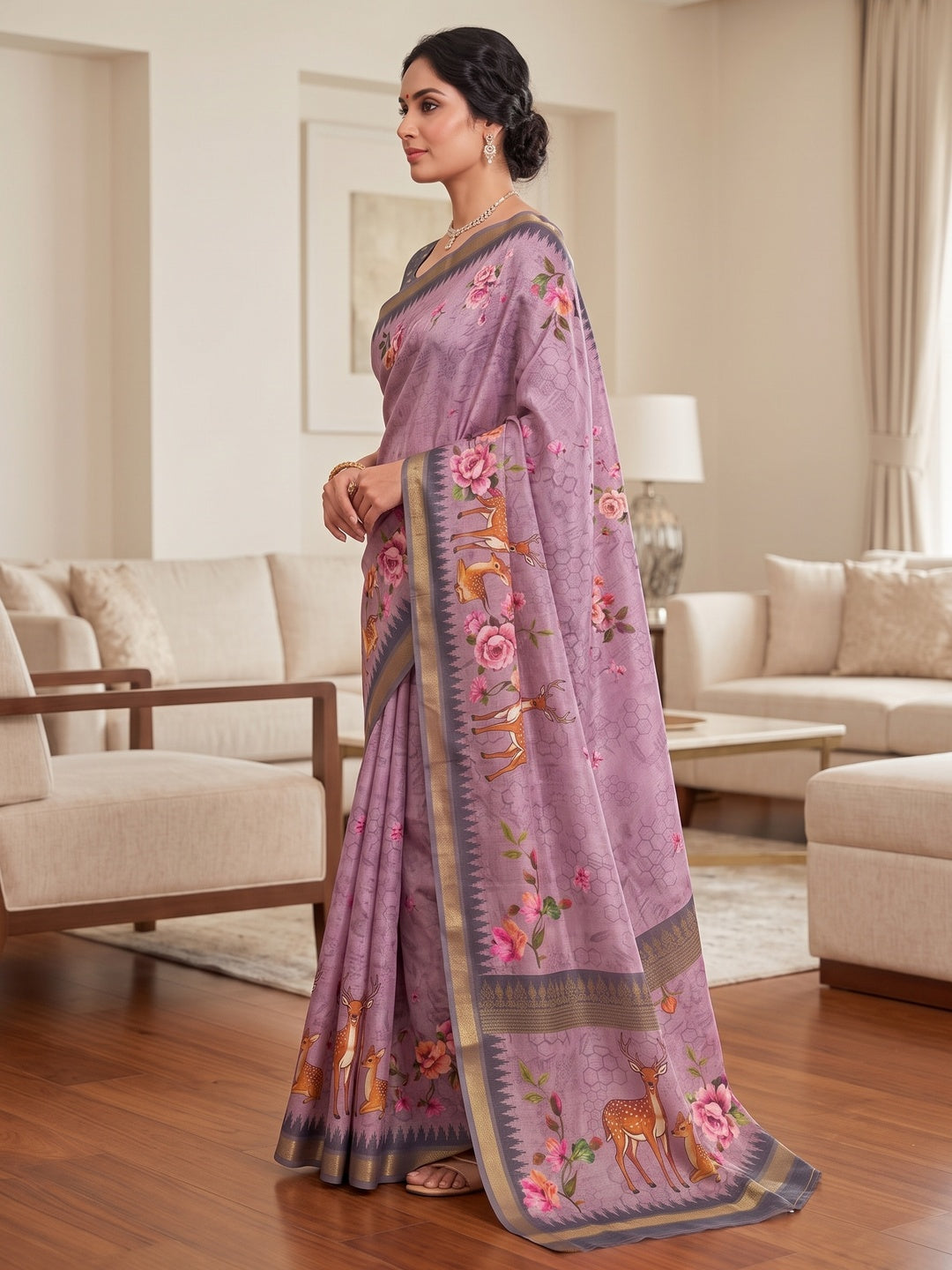 Peachmode Purple Deer Floral Printed Dola Silk Saree - Image 4