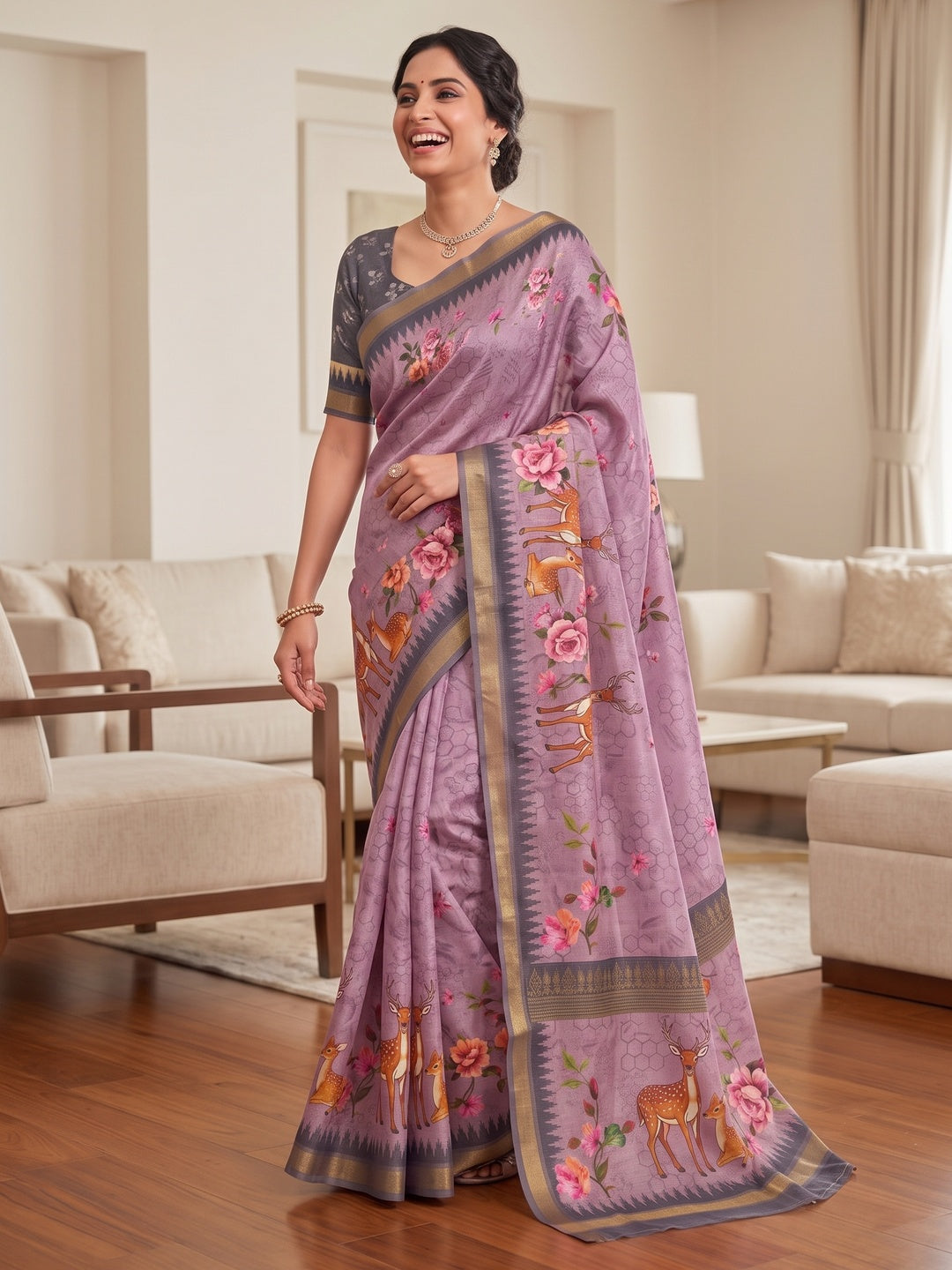 Peachmode Purple Deer Floral Printed Dola Silk Saree - Image 5