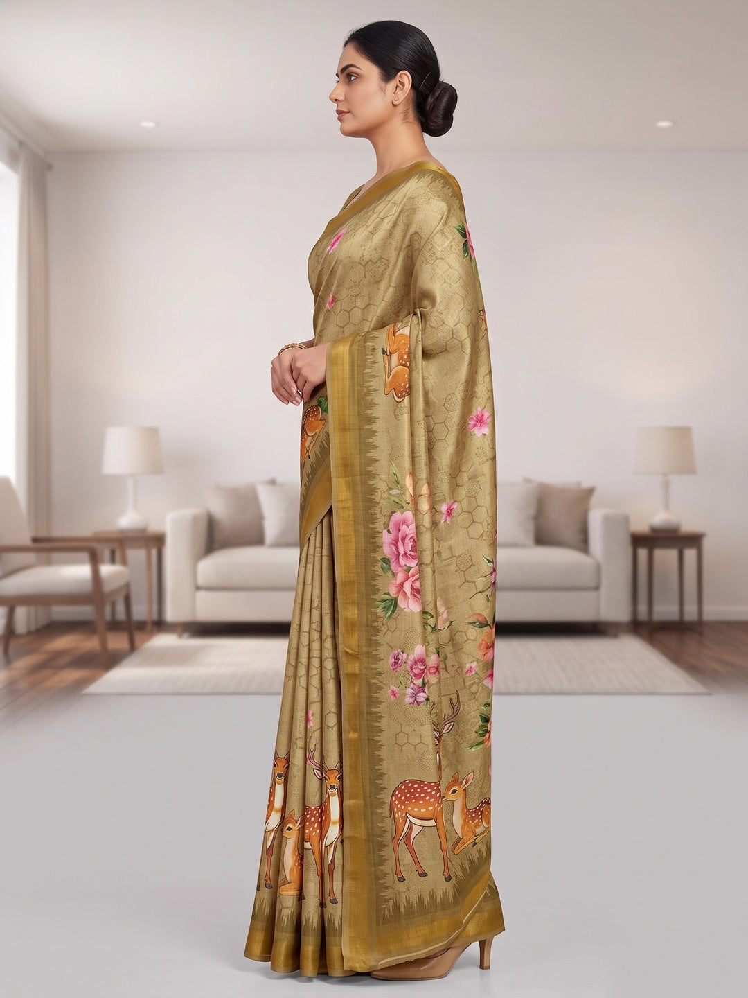Peachmode Light Khaki Deer Floral Printed Dola Silk Saree - Image 4
