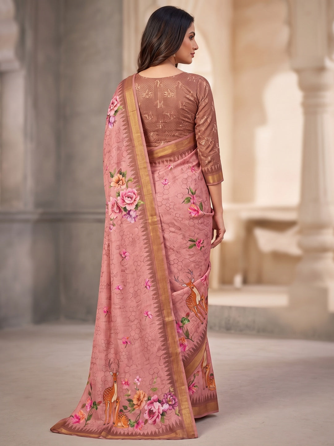 Peachmode Pink Deer Floral Printed Dola Silk Saree - Image 3