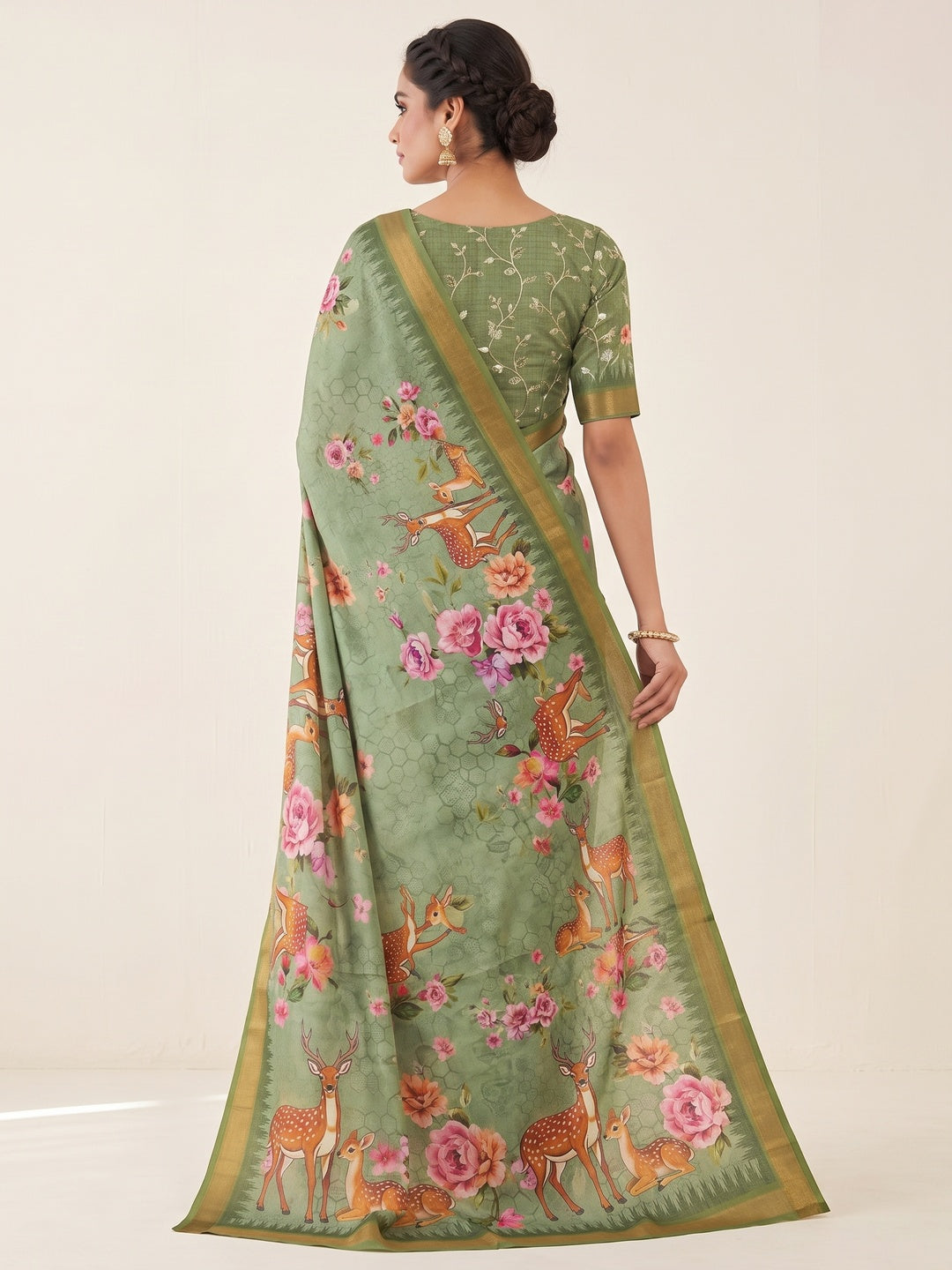 Peachmode Green Deer Floral Printed Dola Silk Saree - Image 3
