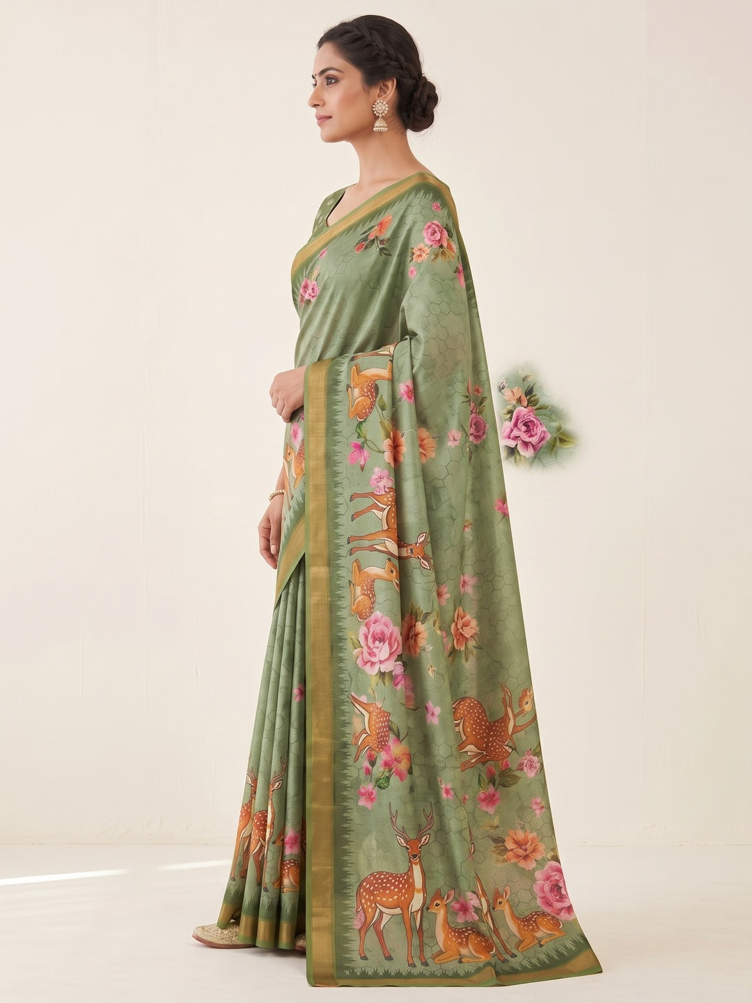 Peachmode Green Deer Floral Printed Dola Silk Saree - Image 4