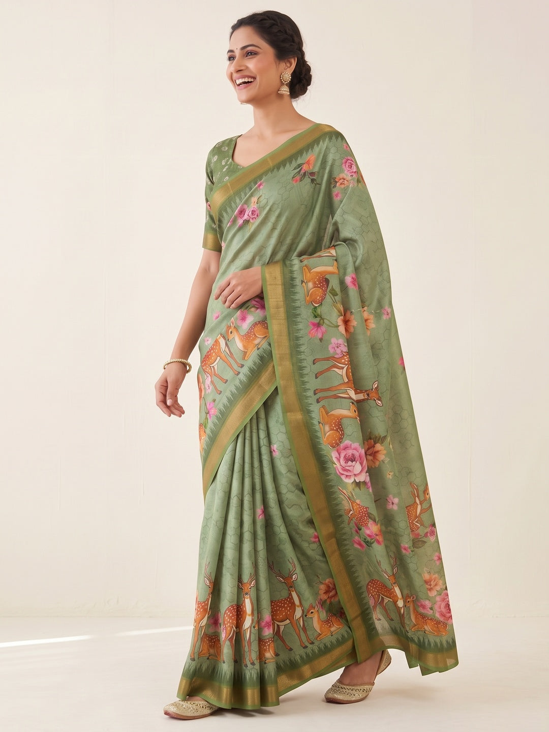 Peachmode Green Deer Floral Printed Dola Silk Saree - Image 5
