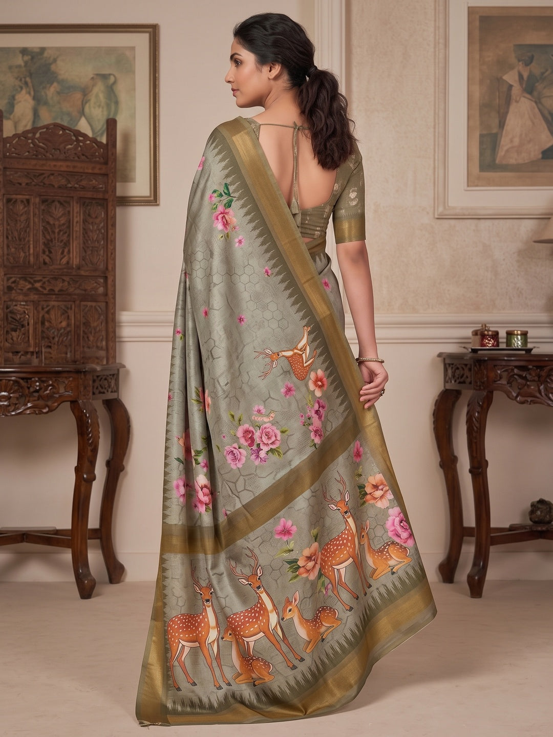 Peachmode Grey Deer Floral Printed Dola Silk Saree - Image 3