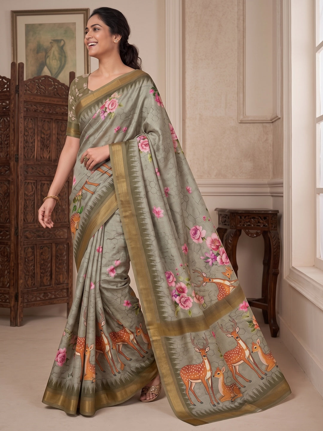 Peachmode Grey Deer Floral Printed Dola Silk Saree - Image 1