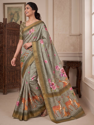 Peachmode Grey Deer Floral Printed Dola Silk Saree - Image 1