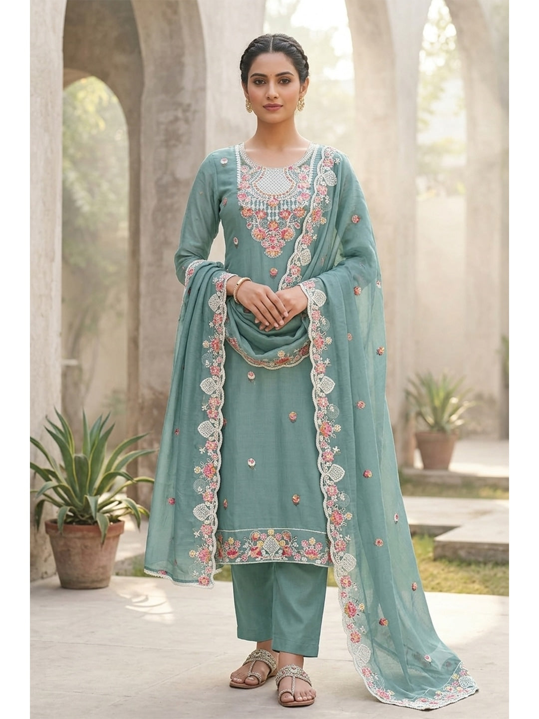 Peachmode Cotton Silk Blue Unstitched Dress Material - Image 1