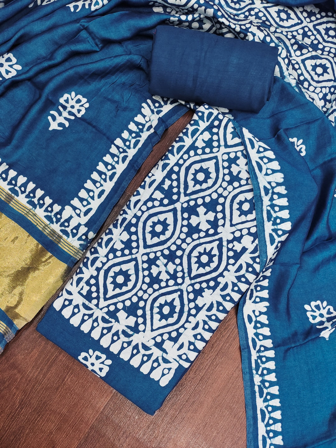 Peachmode Banarasi Cotton Navy Blue Unstitched Dress Material - Image 3