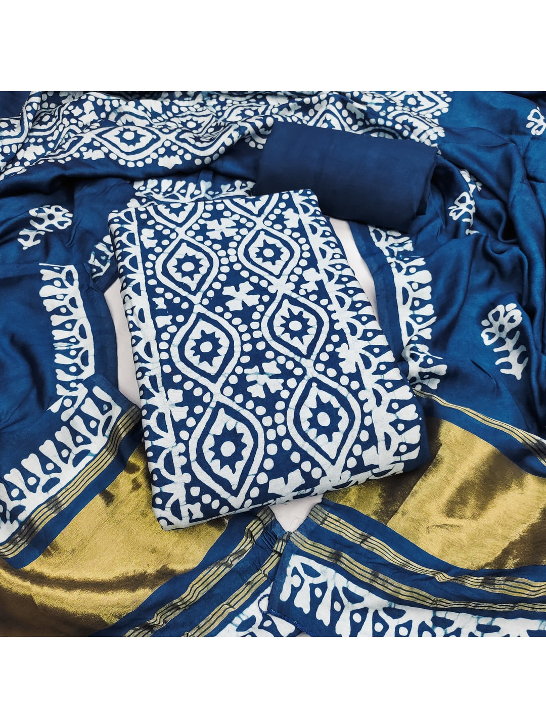 Peachmode Banarasi Cotton Navy Blue Unstitched Dress Material - Image 4