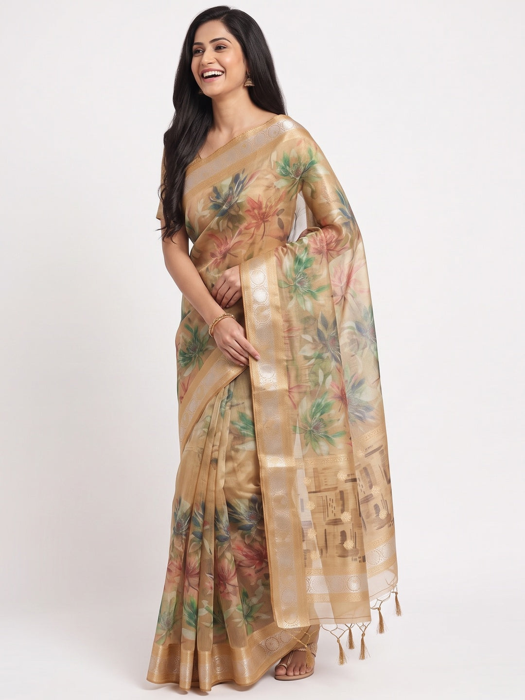 Peachmode Golden Beige Floral Printed Art Silk Saree - Image 3