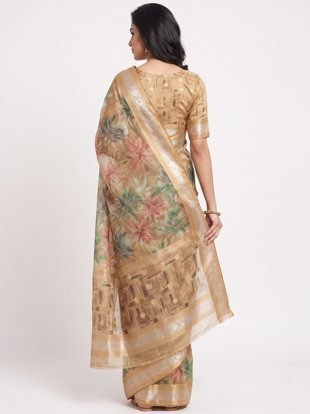 Peachmode Golden Beige Floral Printed Art Silk Saree - Image 4