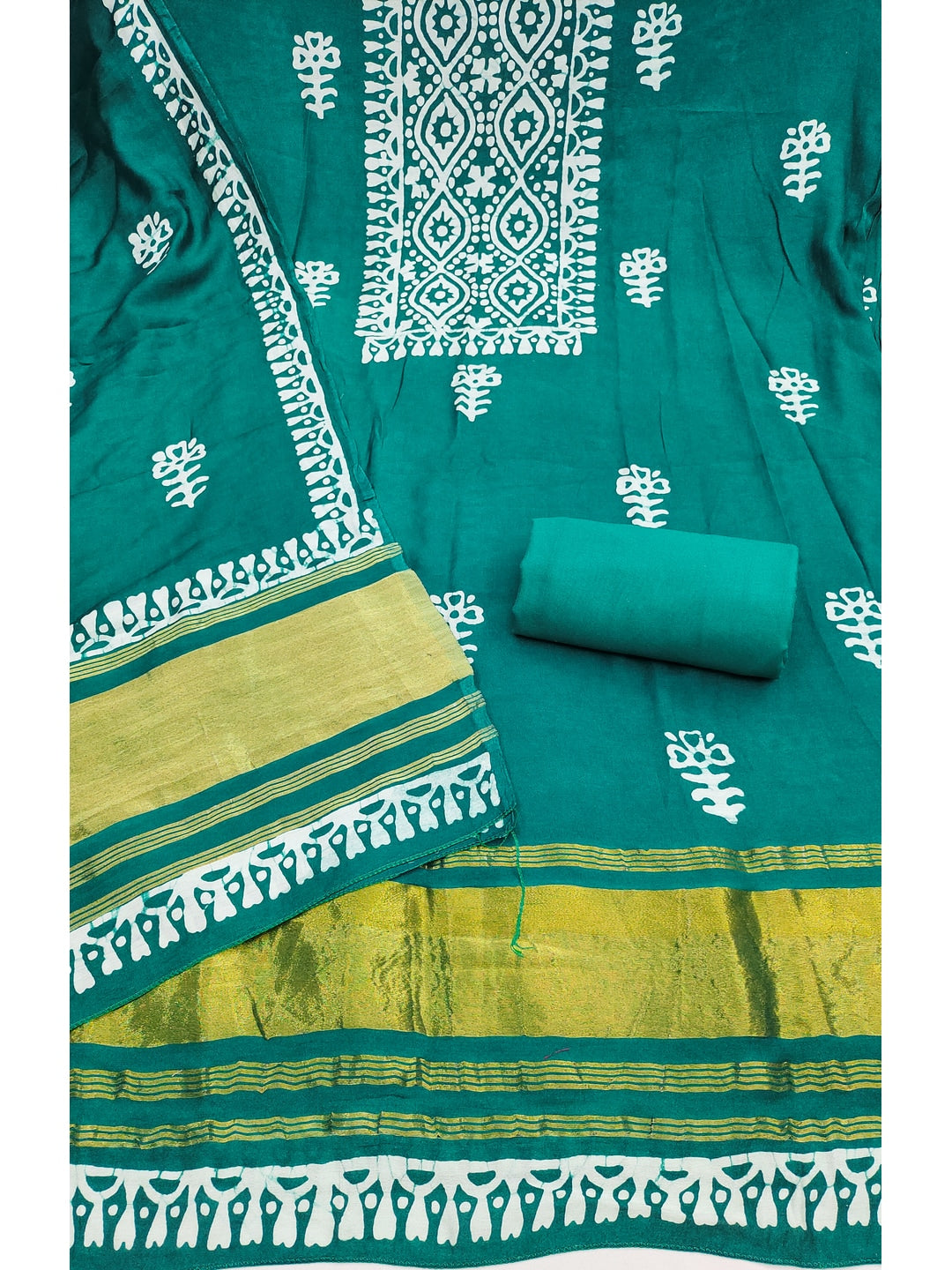 Peachmode Banarasi Cotton Rama Green Unstitched Dress Material - Image 2