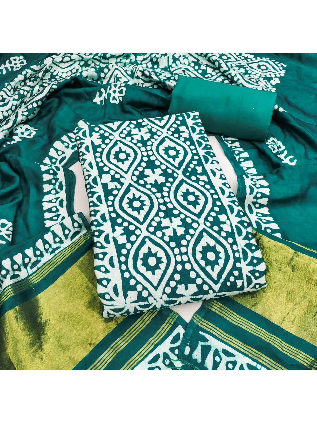 Peachmode Banarasi Cotton Rama Green Unstitched Dress Material - Image 1