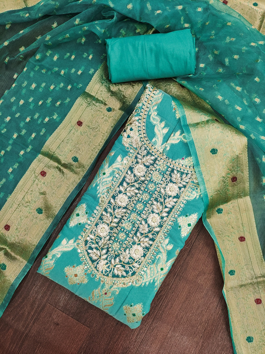 Peachmode Banarasi Turquoise Unstitched Dress Material - Image 3