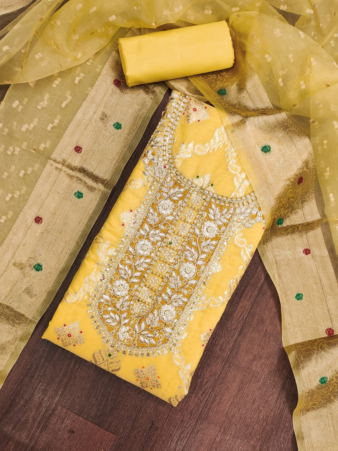 Peachmode Banarasi Cotton Yellow Unstitched Dress Material - Image 1