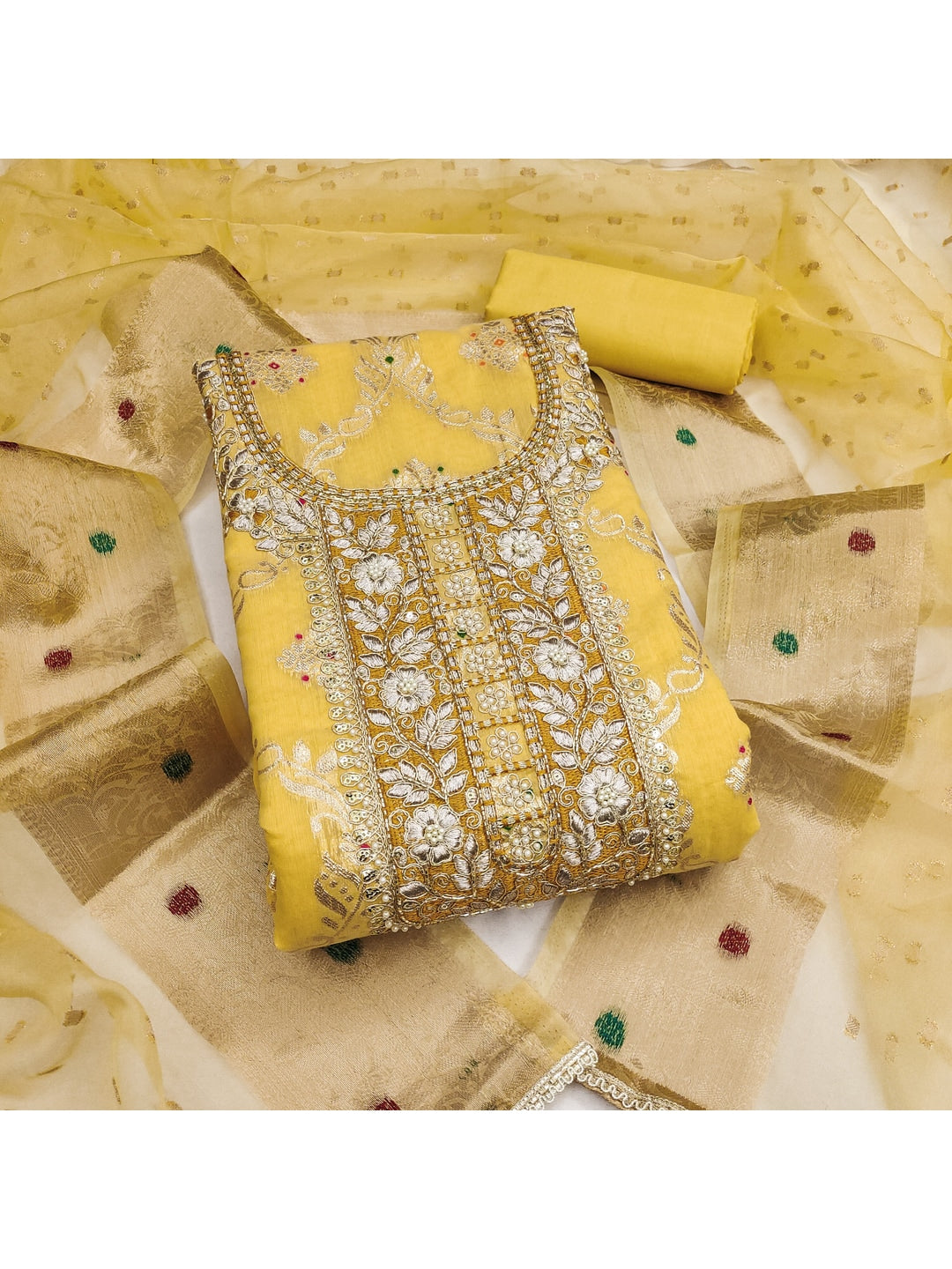 Peachmode Banarasi Cotton Yellow Unstitched Dress Material - Image 4