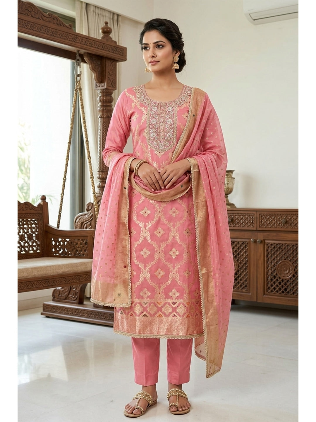 Peachmode Banarasi Cotton Light Pink Unstitched Dress Material - Image 1