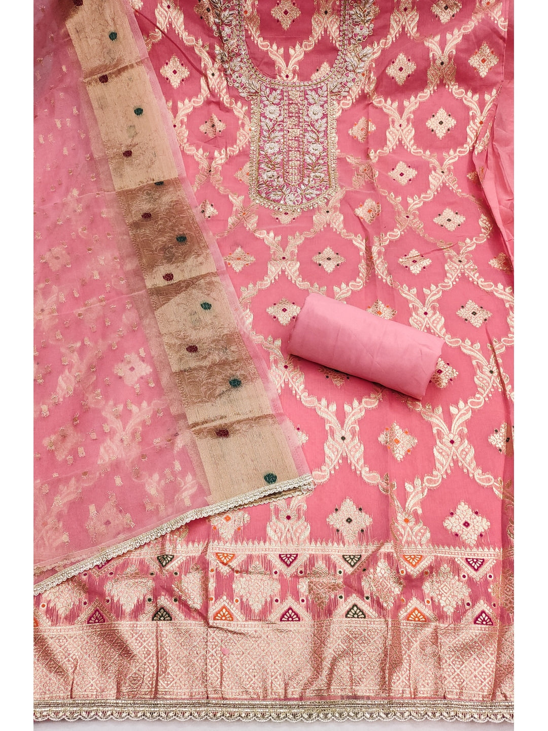 Peachmode Banarasi Cotton Light Pink Unstitched Dress Material - Image 2