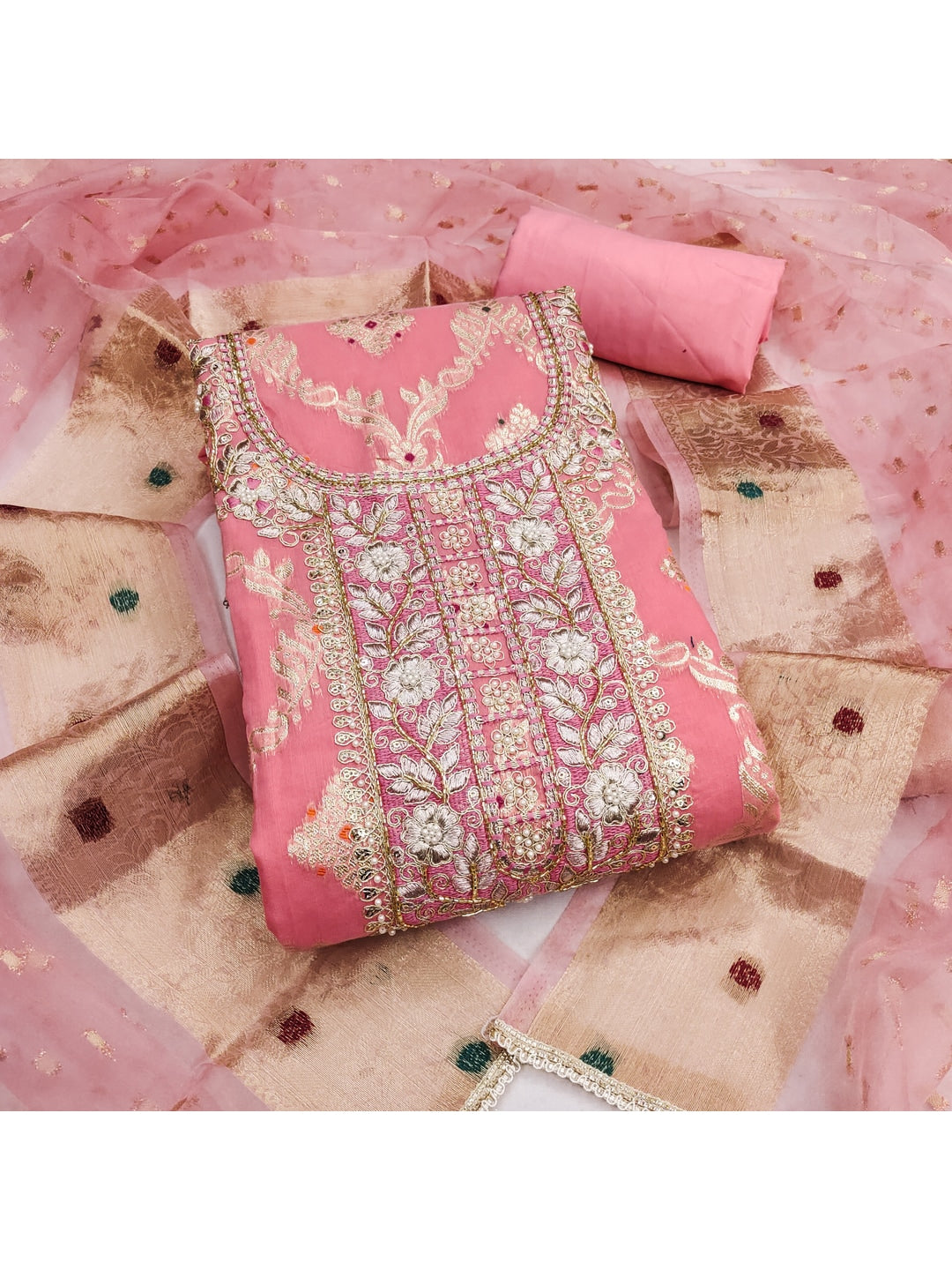 Peachmode Banarasi Cotton Light Pink Unstitched Dress Material - Image 4
