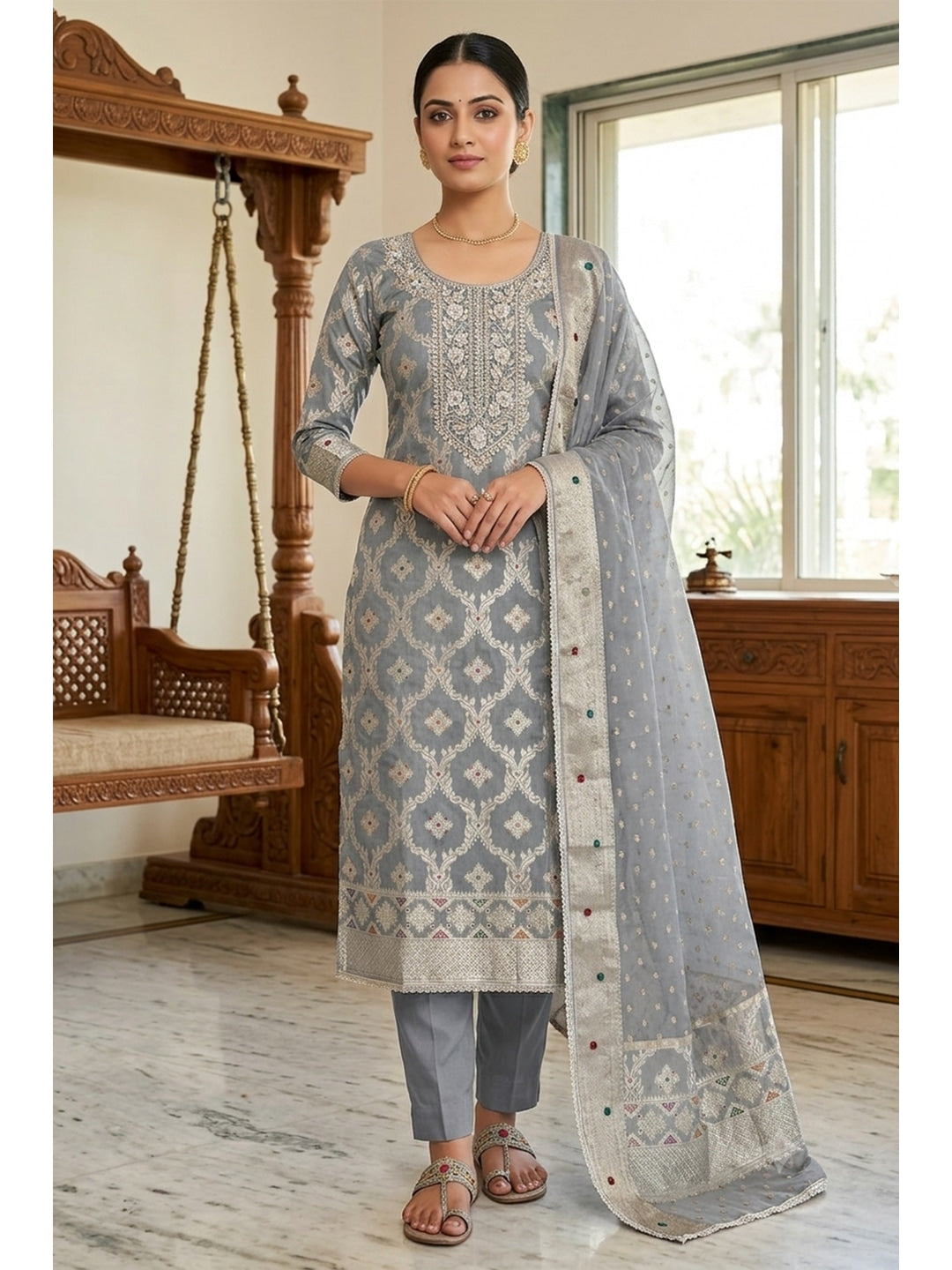 Peachmode Grey 11716 Unstitched Dress Material - Image 1