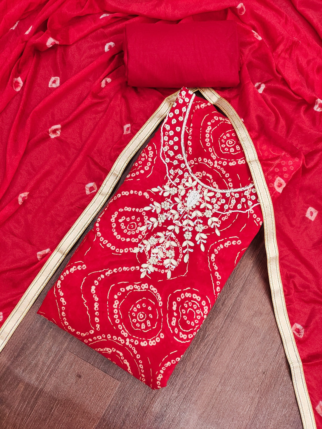 Peachmode Cambric Cotton Red Unstitched Dress Material - Image 3