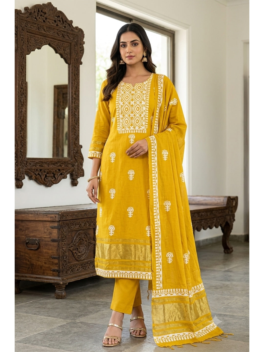 Peachmode Banarasi Cotton Mustard Unstitched Dress Material - Image 1