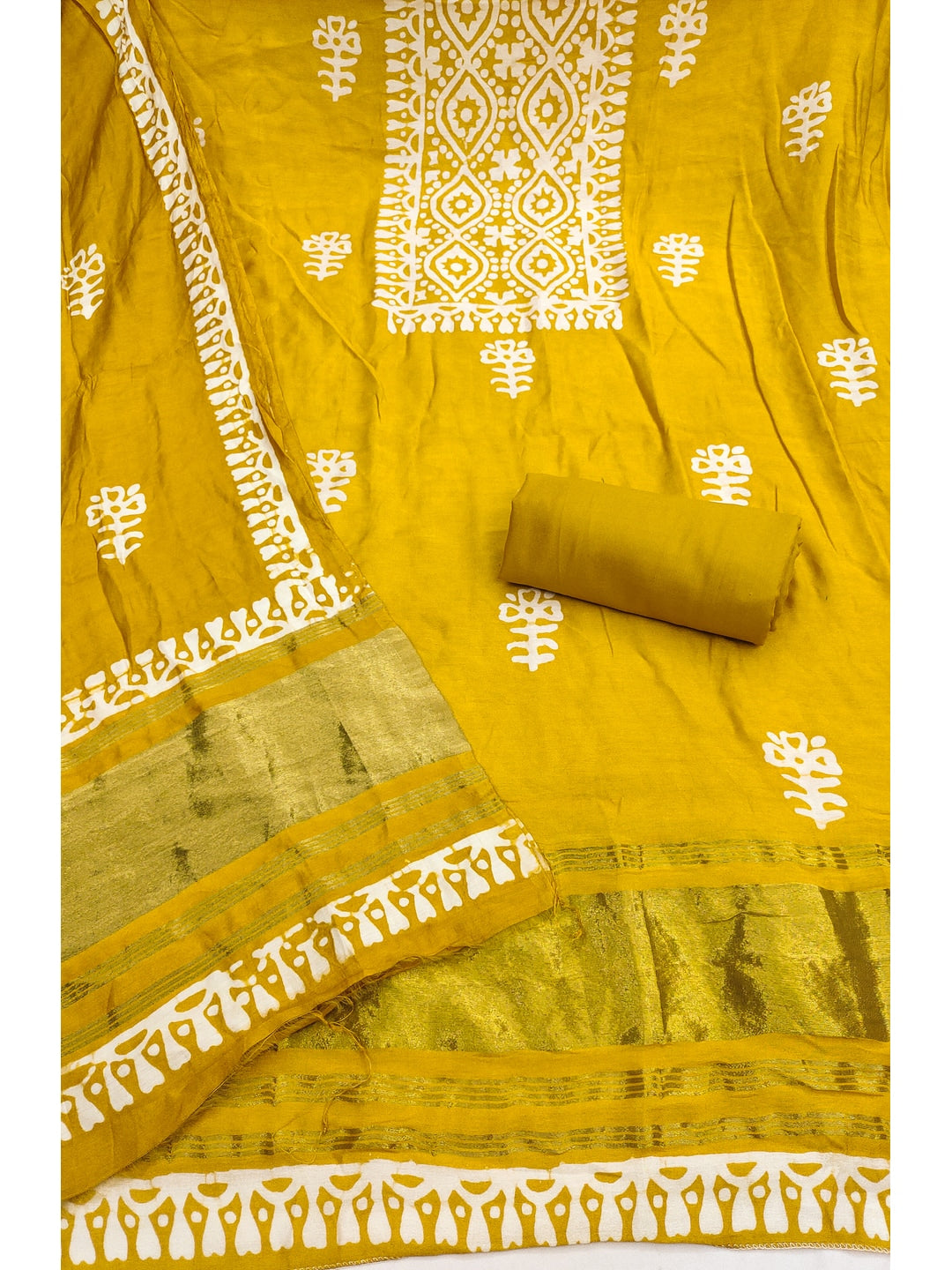 Peachmode Banarasi Cotton Mustard Unstitched Dress Material - Image 2