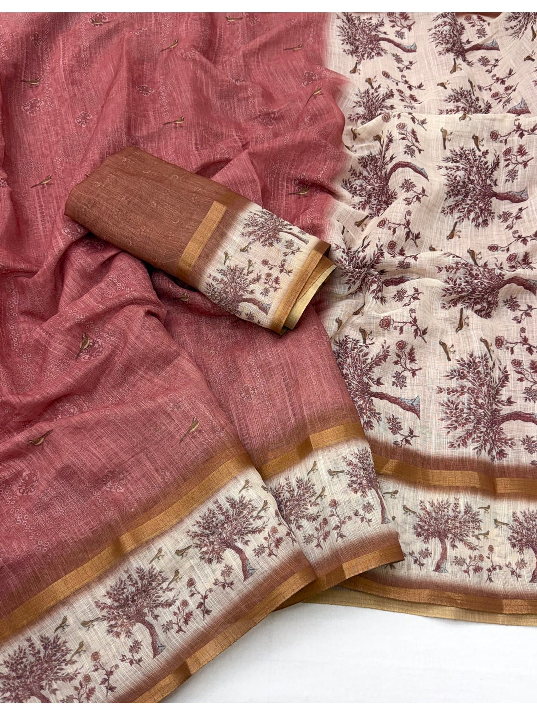 Peachmode Pink Floral Printed Linen Blend Saree - Image 2