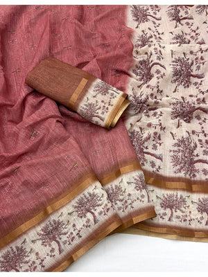 Peachmode Pink Floral Printed Linen Blend Saree - Image 2