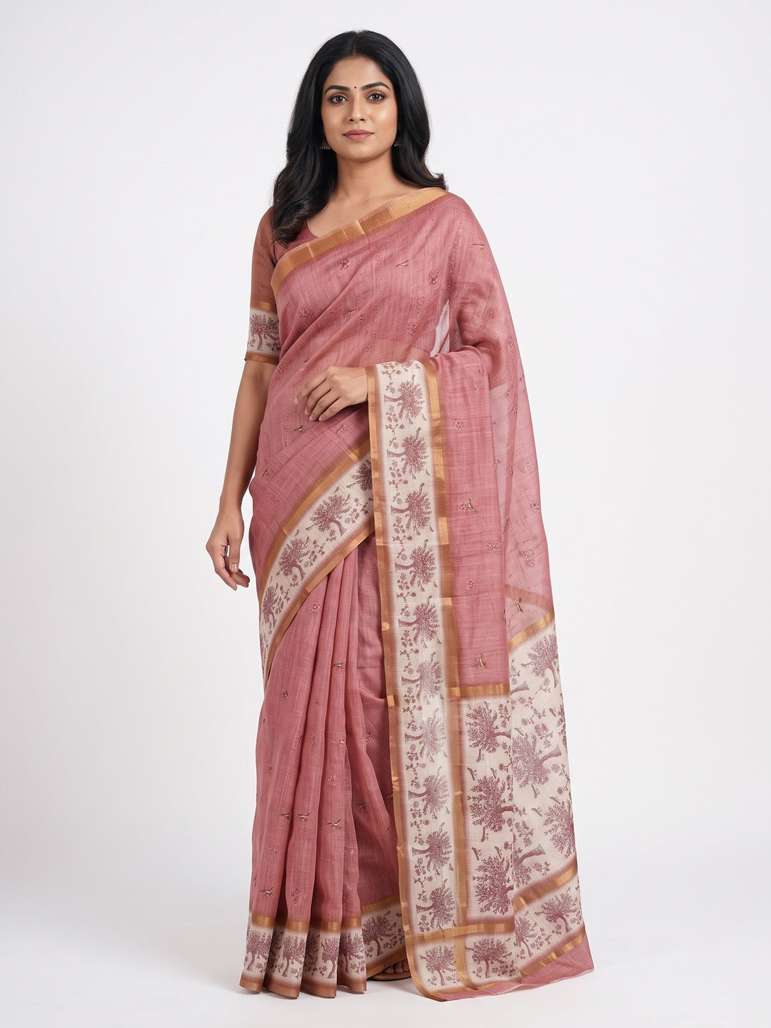 Peachmode Pink Floral Printed Linen Blend Saree - Image 1