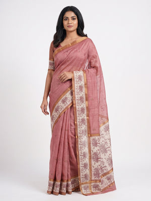 Peachmode Pink Floral Printed Linen Blend Saree - Image 1