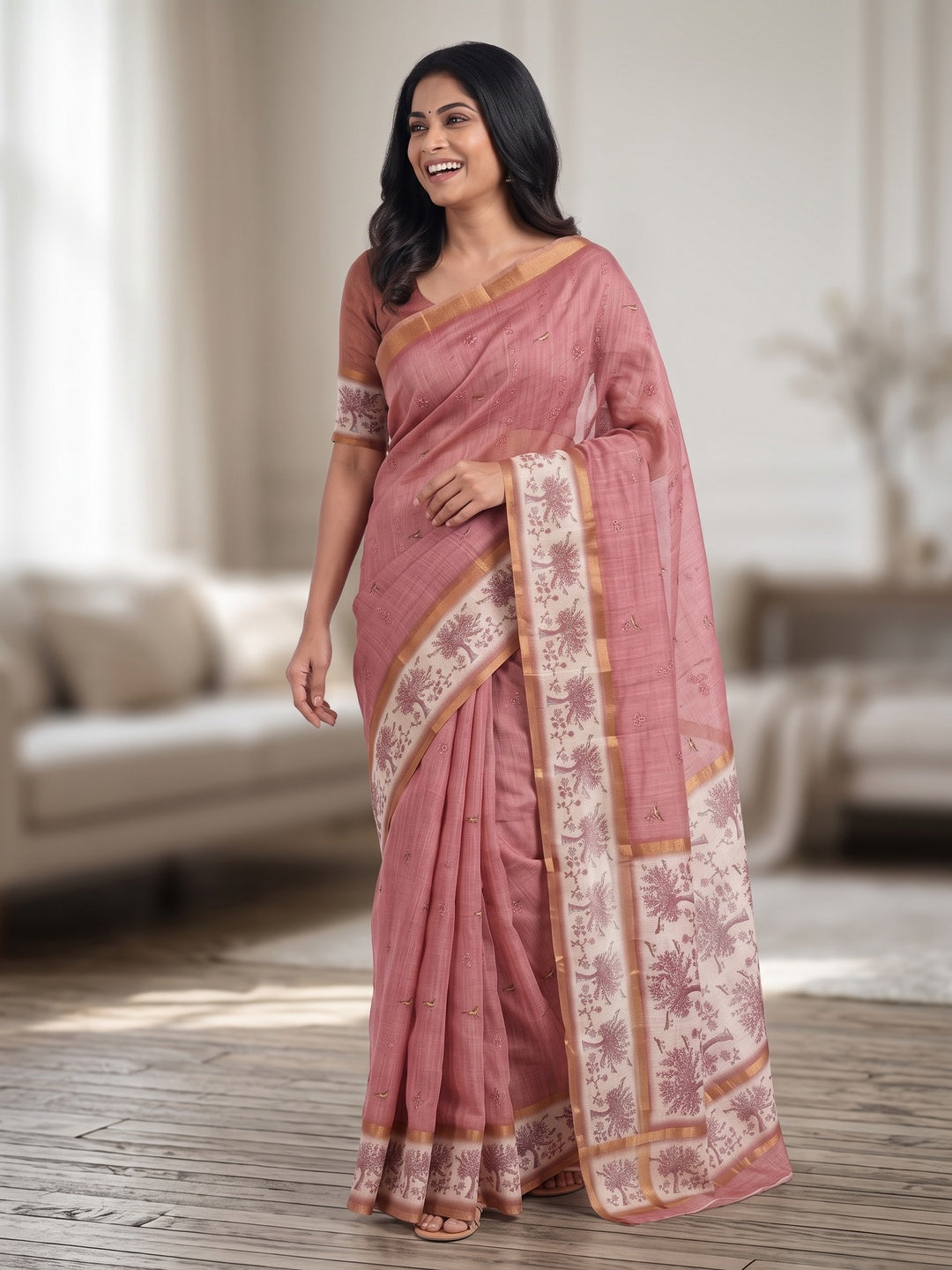 Peachmode Pink Floral Printed Linen Blend Saree - Image 5