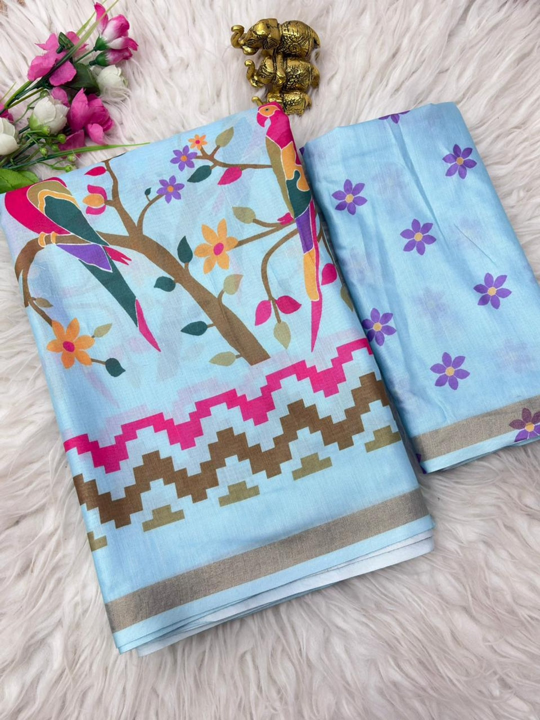 Peachmode Light Blue Digital Printed Mul Cotton Saree - Image 2