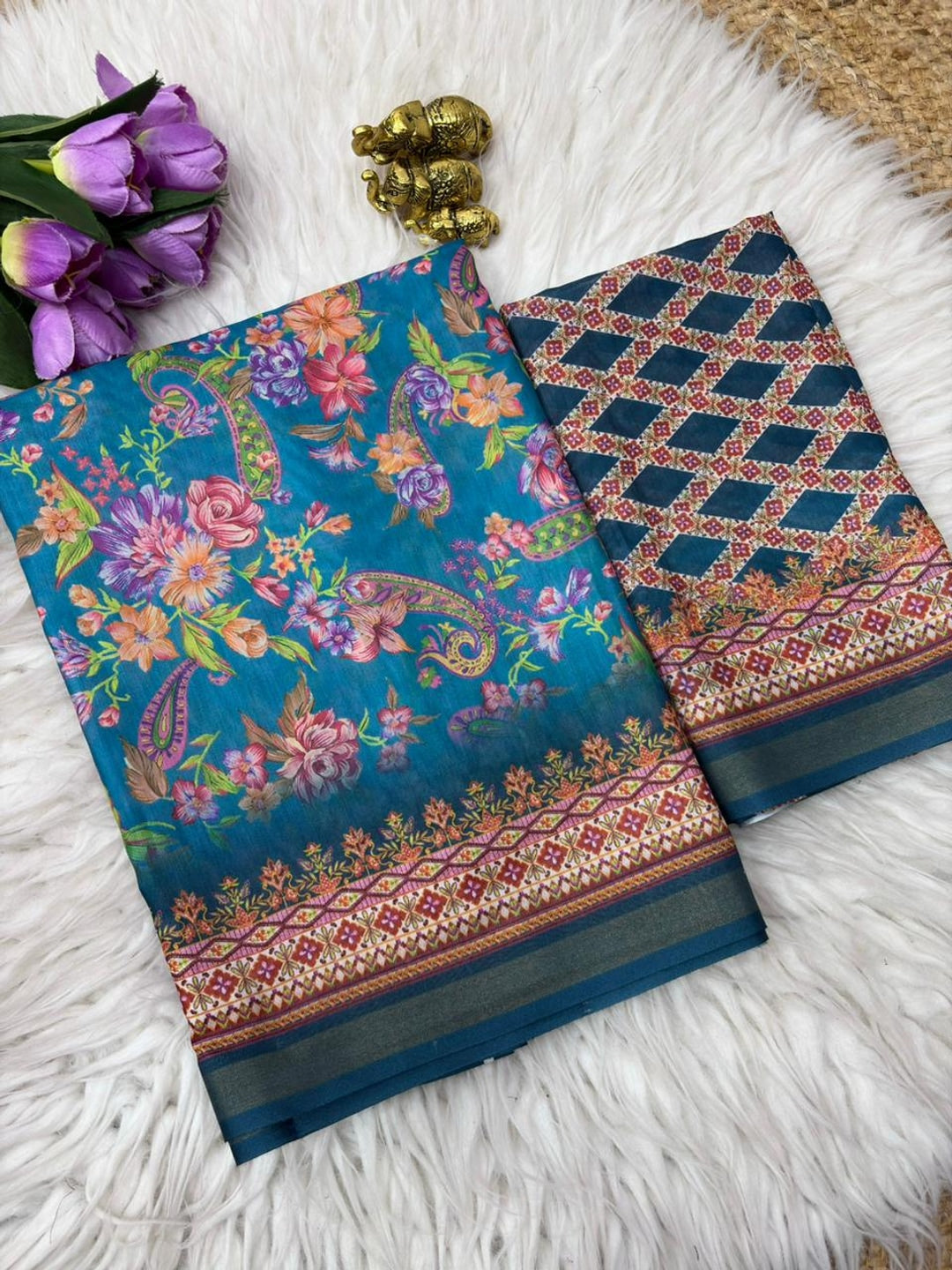 Peachmode Teal Digital Printed Mul Cotton Saree - Image 2