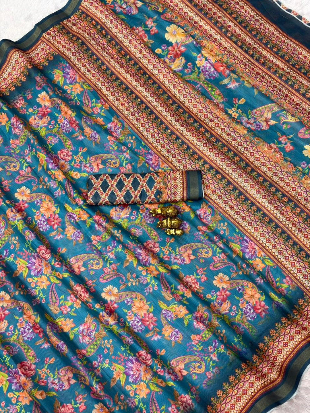 Peachmode Teal Digital Printed Mul Cotton Saree - Image 3