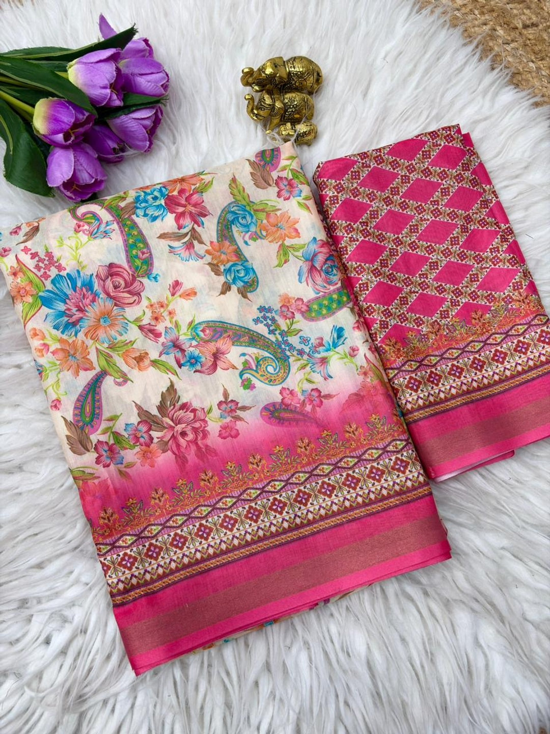 Peachmode Pink Digital Printed Mul Cotton Saree - Image 3