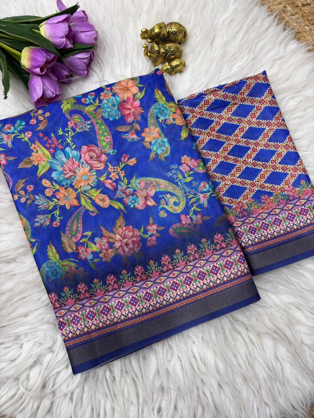 Peachmode Royal Blue Digital Printed Mul Cotton Saree - Image 2
