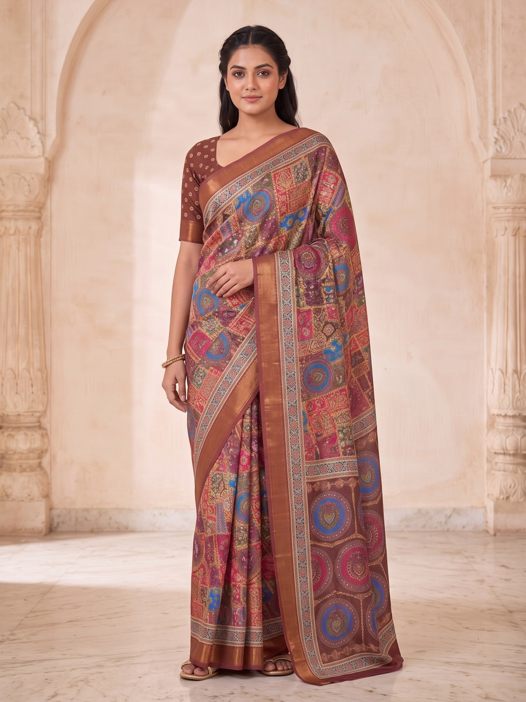 Peachmode Coffee Position Printed Dola Silk Saree - Image 1