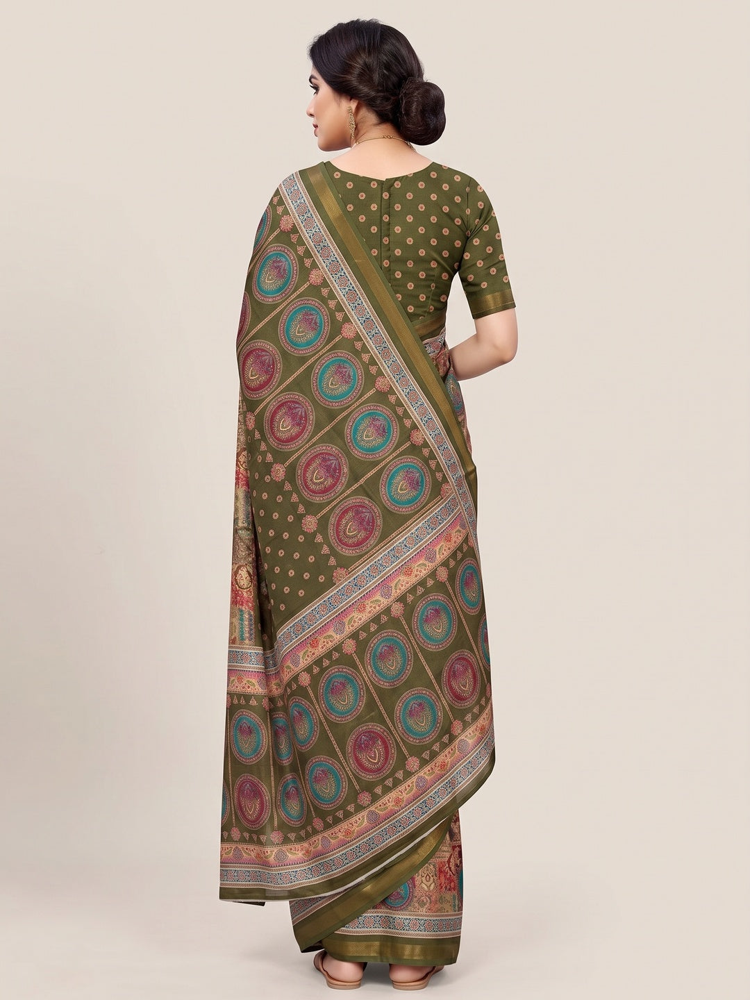 Peachmode Green Position Printed Dola Silk Saree - Image 3