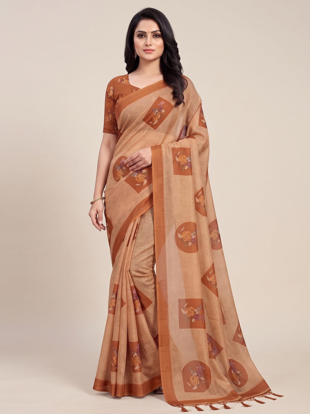 Peachmode Camel Beige Medallion Printed Art Silk Saree - Image 1