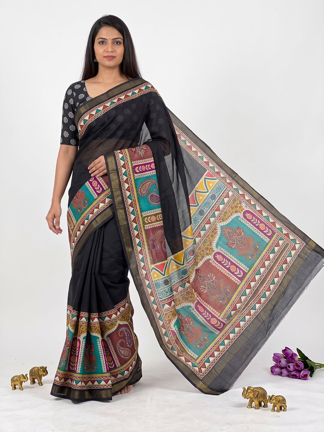 Peachmode Black Digital Printed Mul Cotton Saree - Image 1