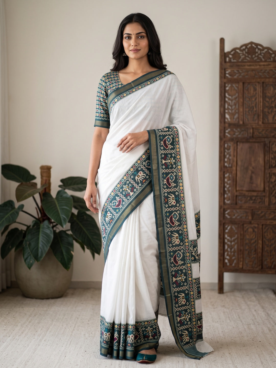 Peachmode White Digital Printed Mul Cotton Saree - Image 1