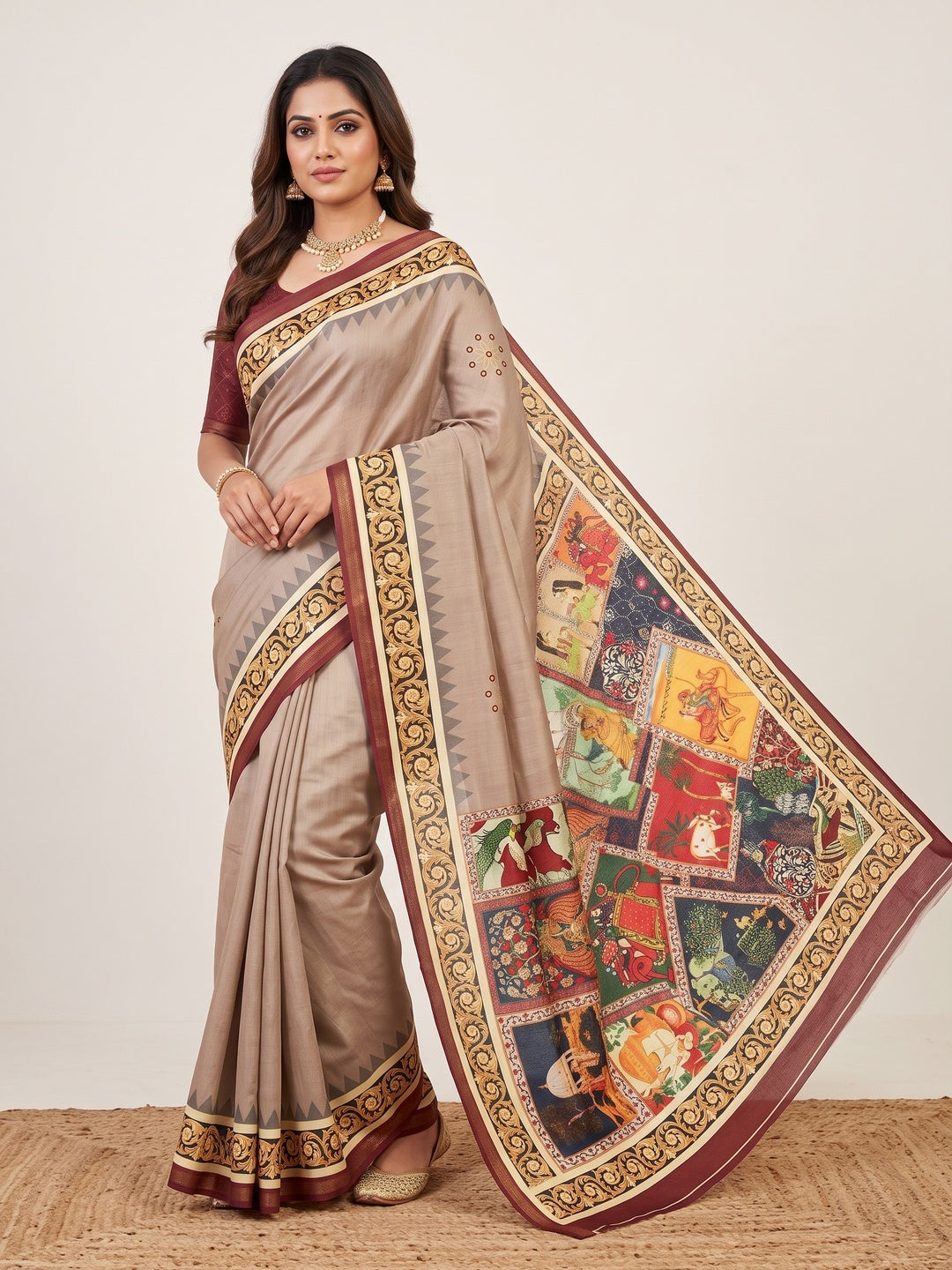 Peachmode Taupe Digital Printed Mul Cotton Saree - Image 1