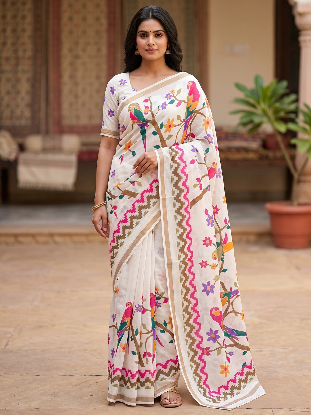 Peachmode Off White Digital Printed Mul Cotton Saree - Image 1