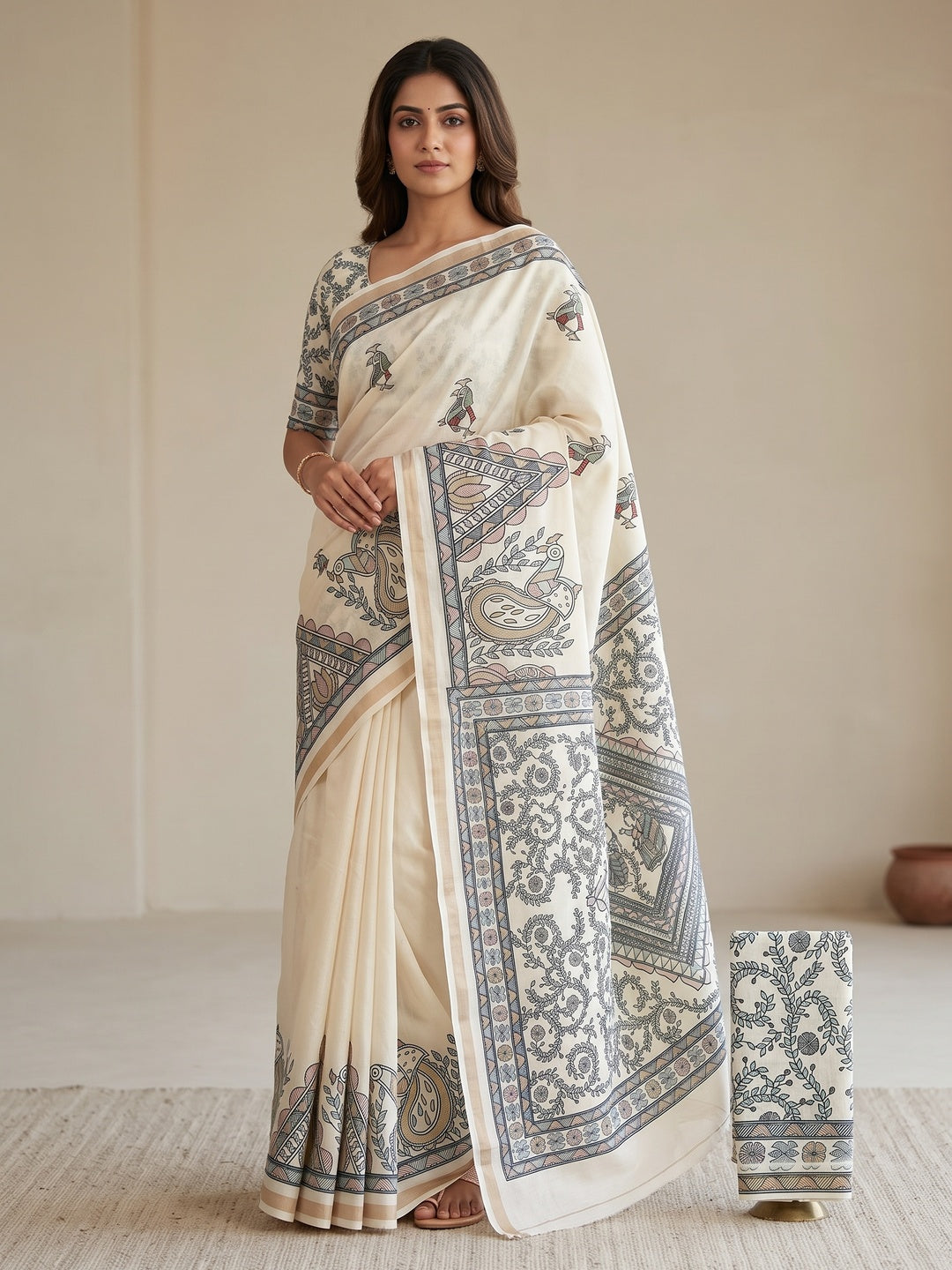 Peachmode Cream Digital Printed Mul Cotton Saree - Image 1