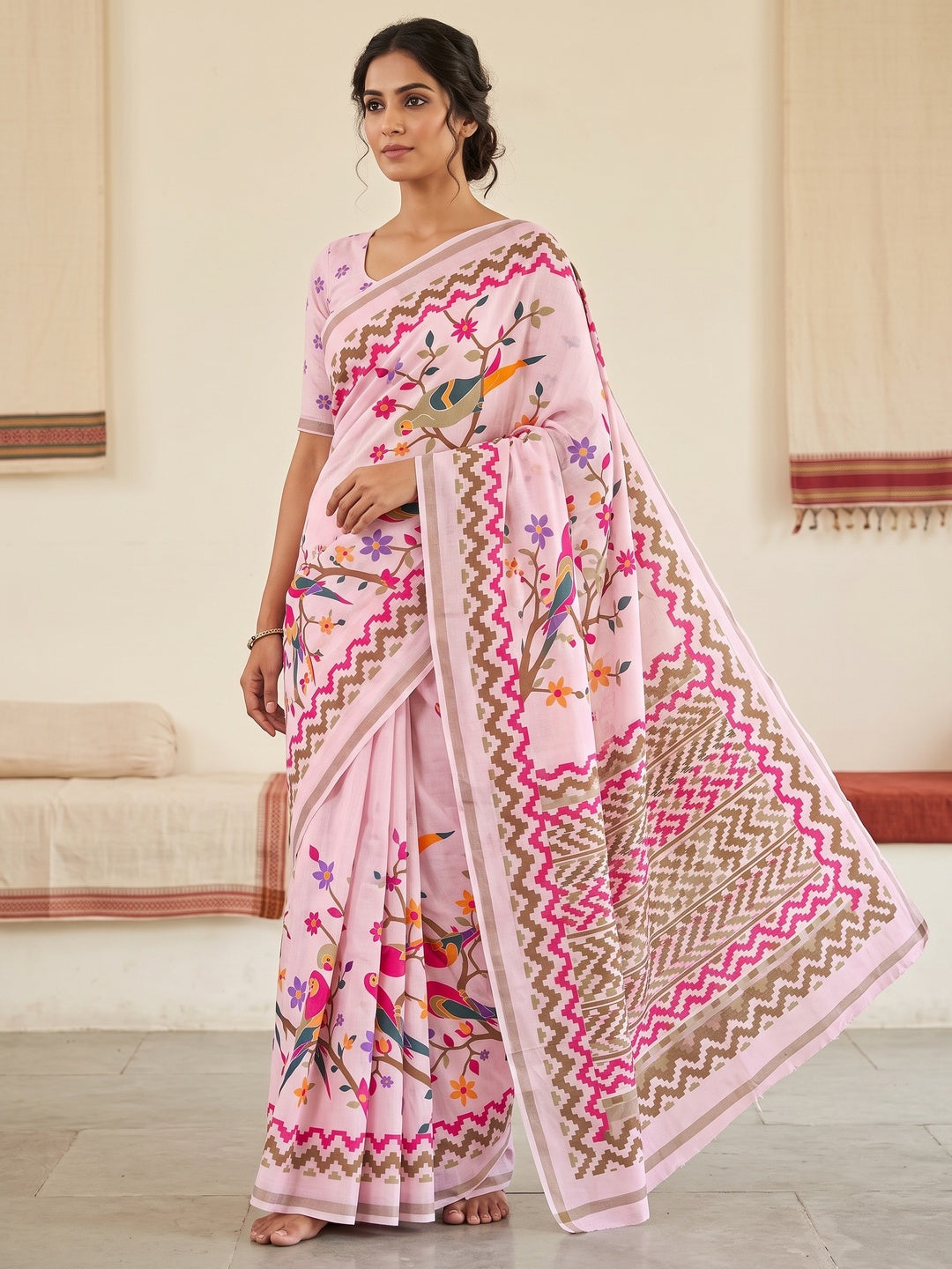 Peachmode Light Pink Digital Printed Mul Cotton Saree - Image 1