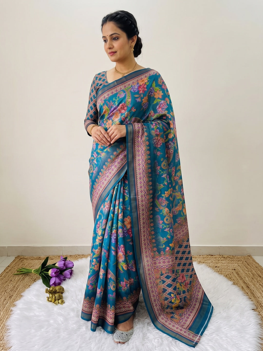 Peachmode Teal Digital Printed Mul Cotton Saree - Image 1