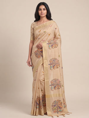 Peachmode Chikoo Multicolor Botanical Printed Art Silk Saree - Image 1