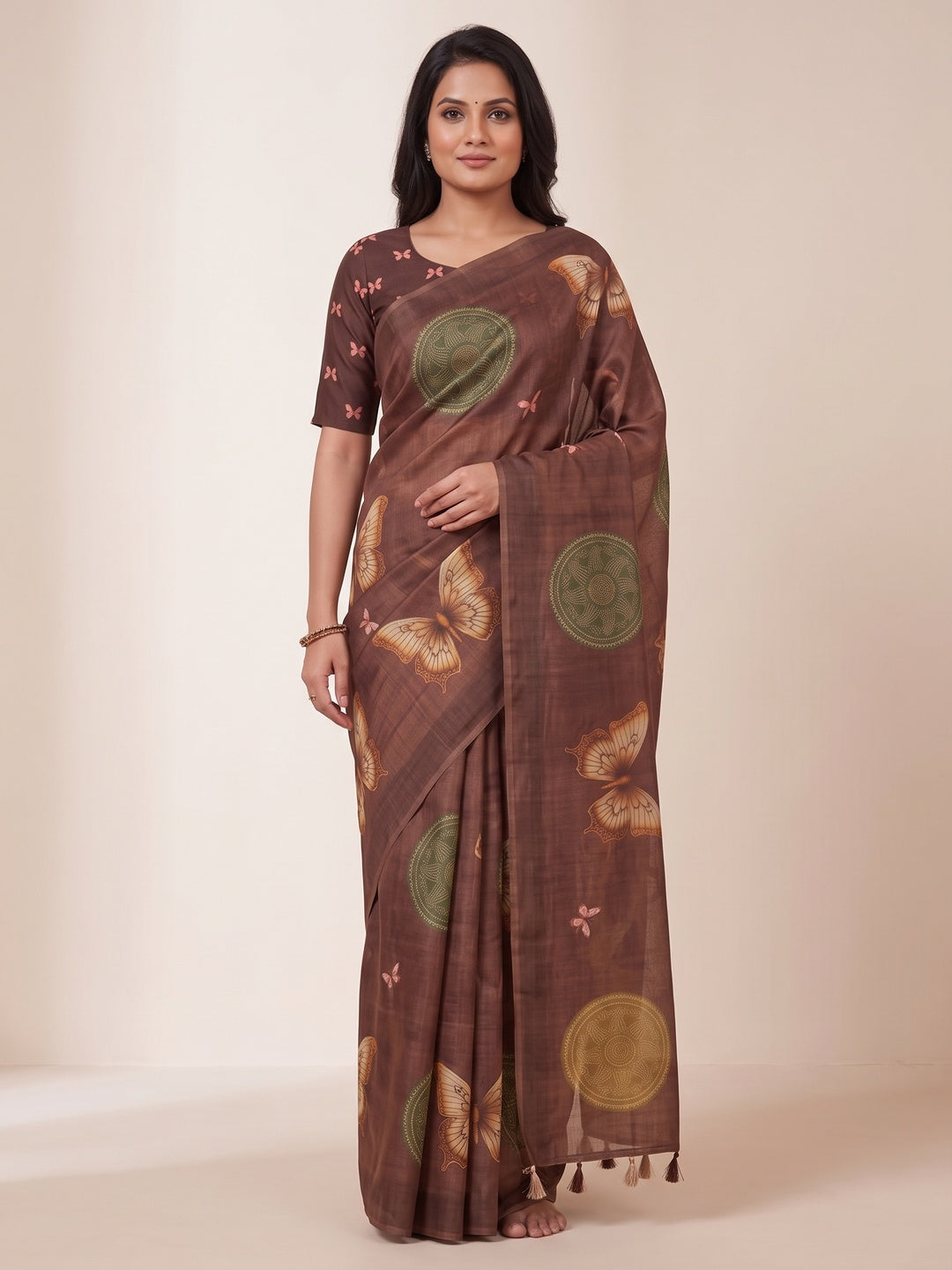 Peachmode Coffee Ethnic Motif Printed Art Silk Saree - Image 1
