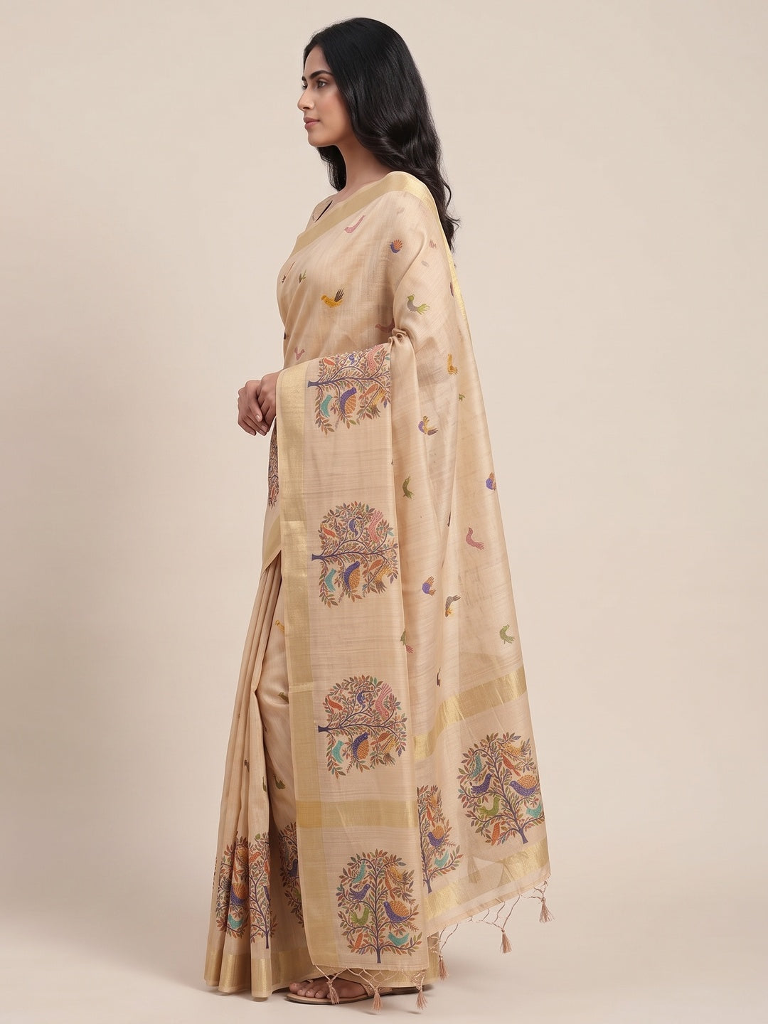 Peachmode Chikoo Multicolor Botanical Printed Art Silk Saree - Image 4
